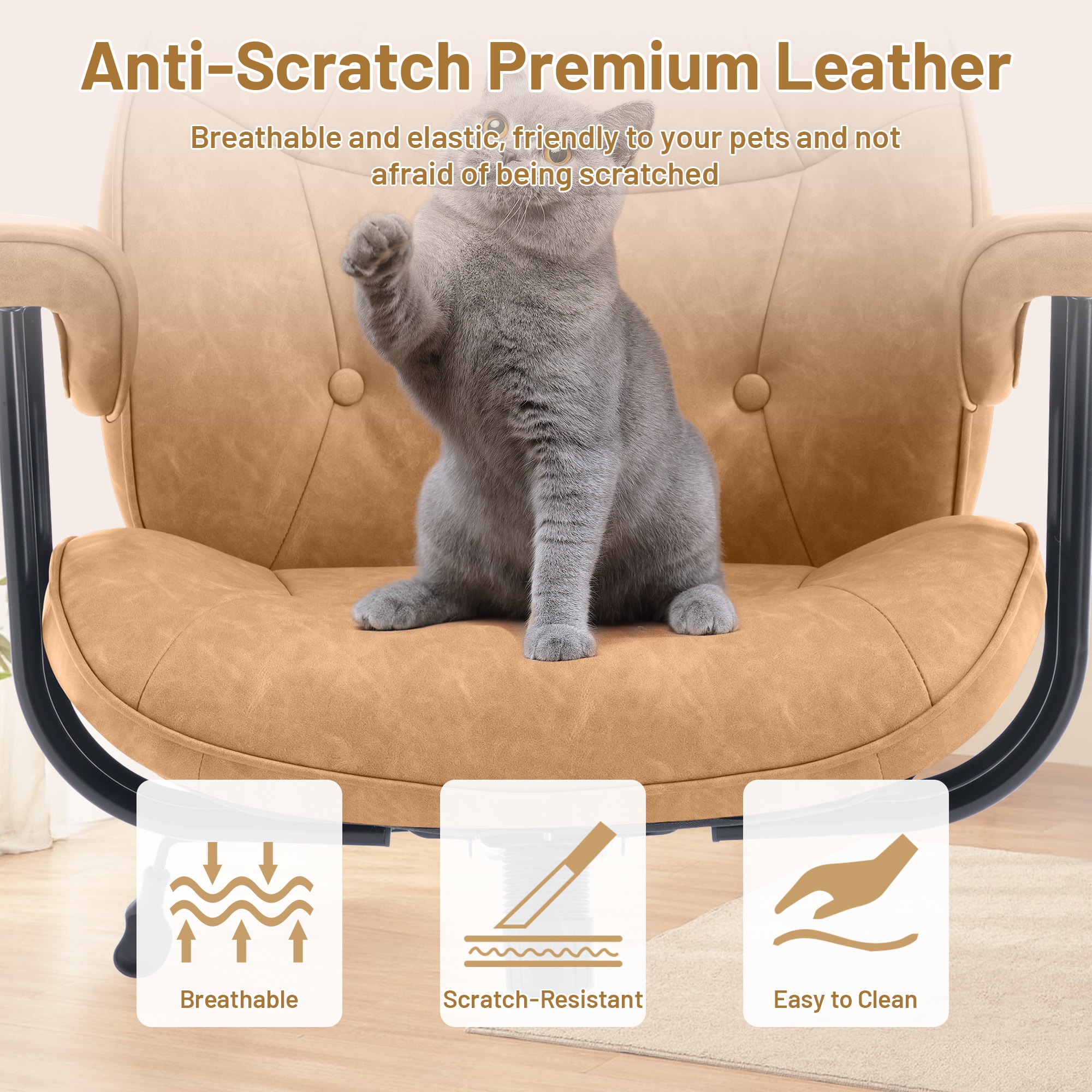 Home Office Desk Chair Retro Leather Chair With Lumbar Support &Rubber Wheels, Mid Back Ergonomic Computer Chair Swivel Rolling Work Chair_maomaolike.com